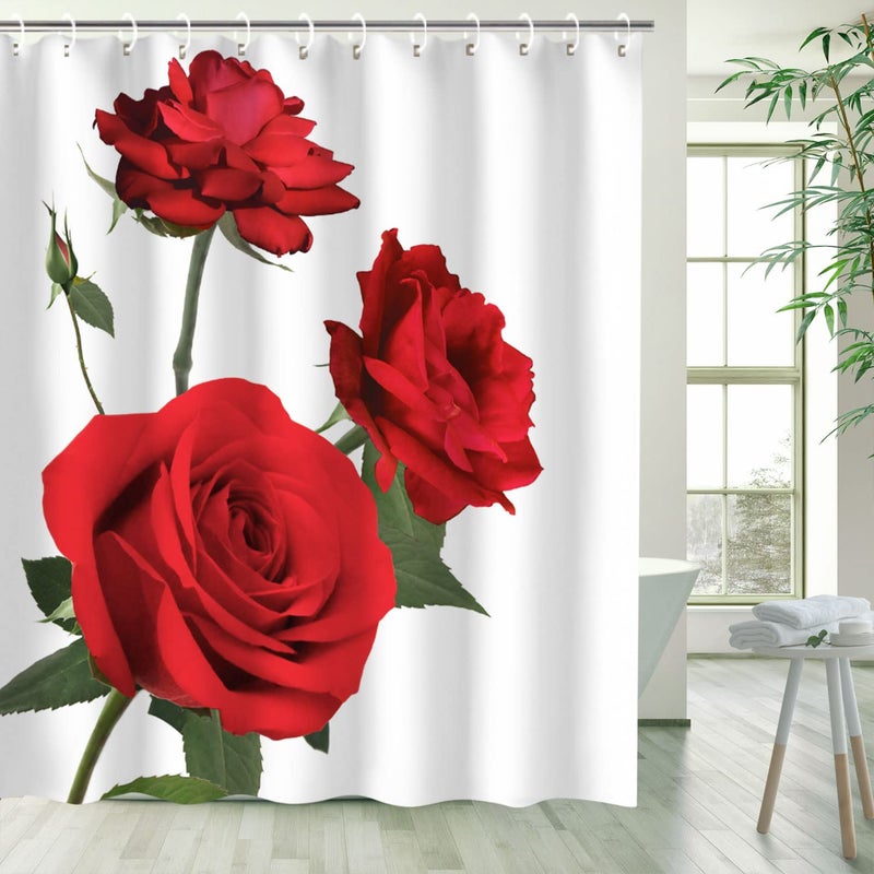 LIVILAN Rose Shower Curtain, Red Flower Fabric Bathroom Curtains Set with Hooks Floral Bathroom Decor Polyester Machine Washable 72Wx72H Inches - Image 1